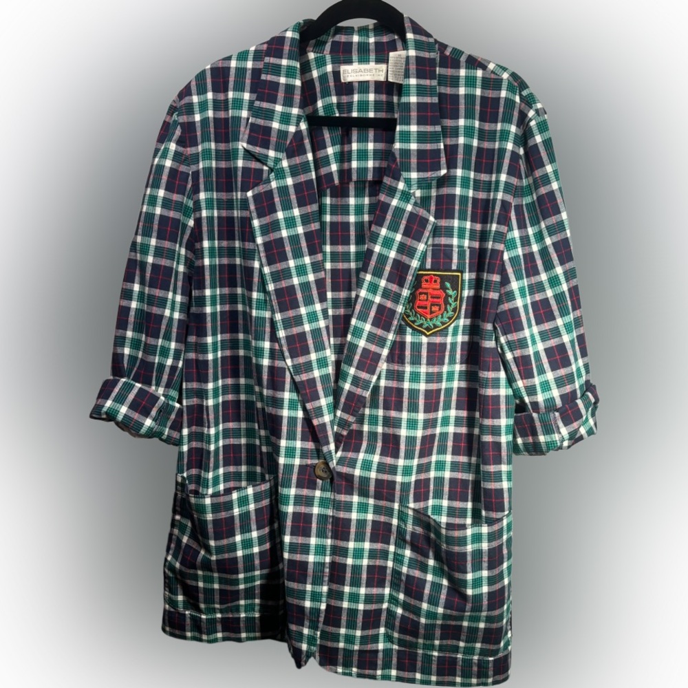 Vintage 80s 90s plaid Liz Claiborne plaid terry Green navy blazer oversized - Picture 6 of 7